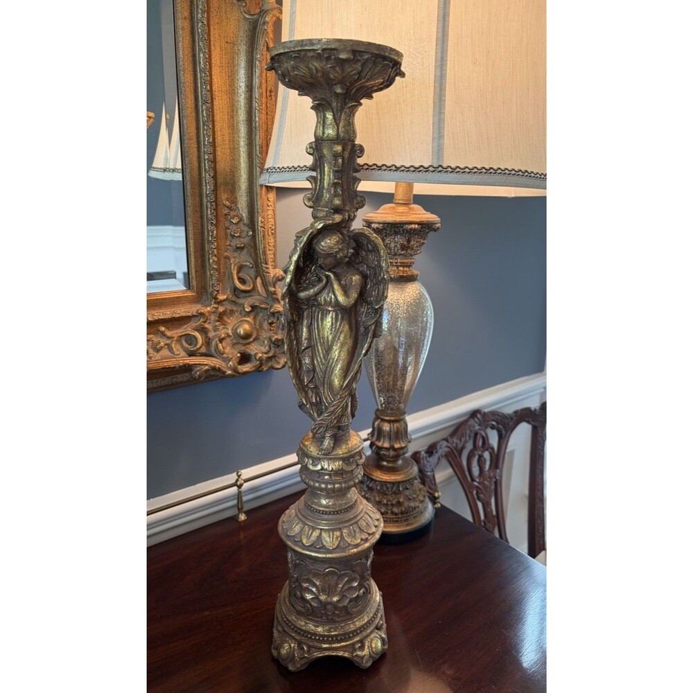 Large Gilded Angel Motif Candlestick Holder Vintage 24" Candle Holder